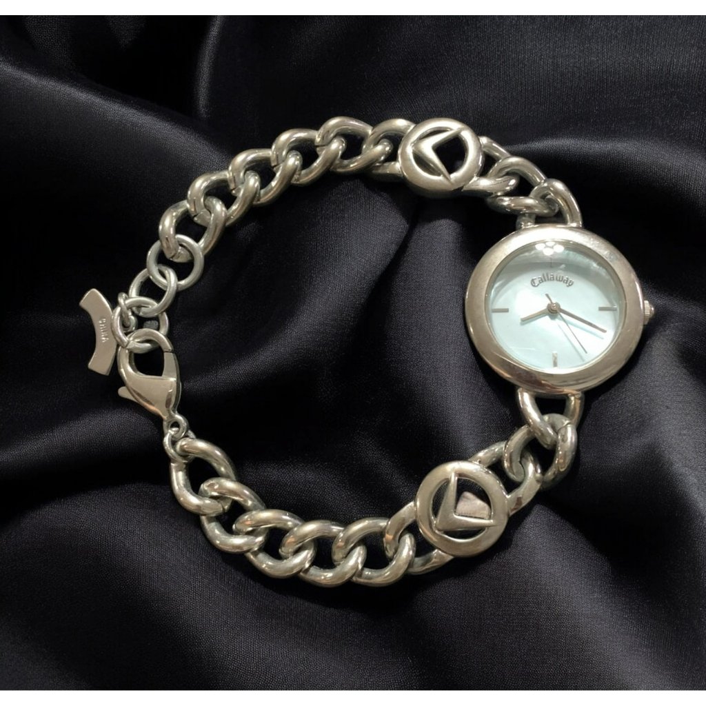 Callaway Vtg Silver Tone Blue Face Chain Link Womens Watch Stainless Steel Bezel 40$